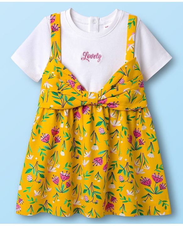 Babyhug 100% Cotton Knit Half Sleeves Floral Printed Frock - Yellow
