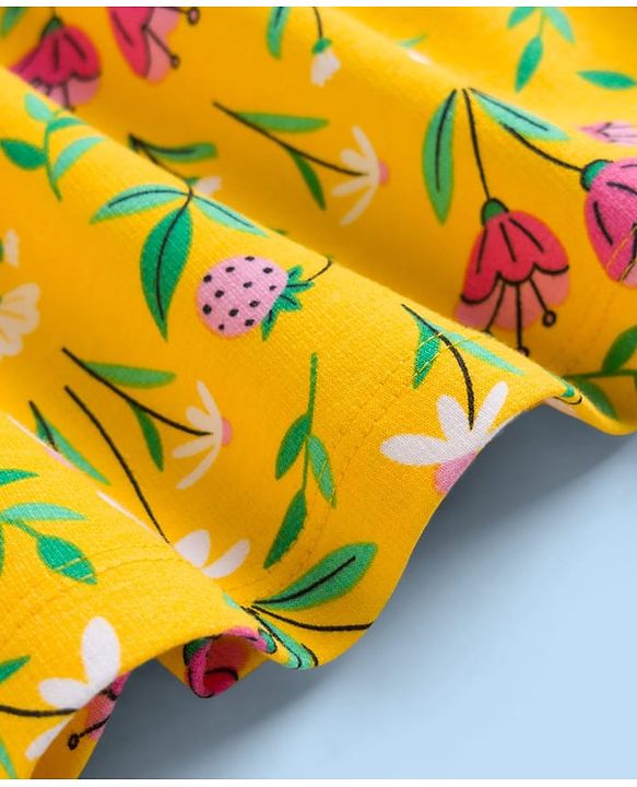 Babyhug 100% Cotton Knit Half Sleeves Floral Printed Frock - Yellow