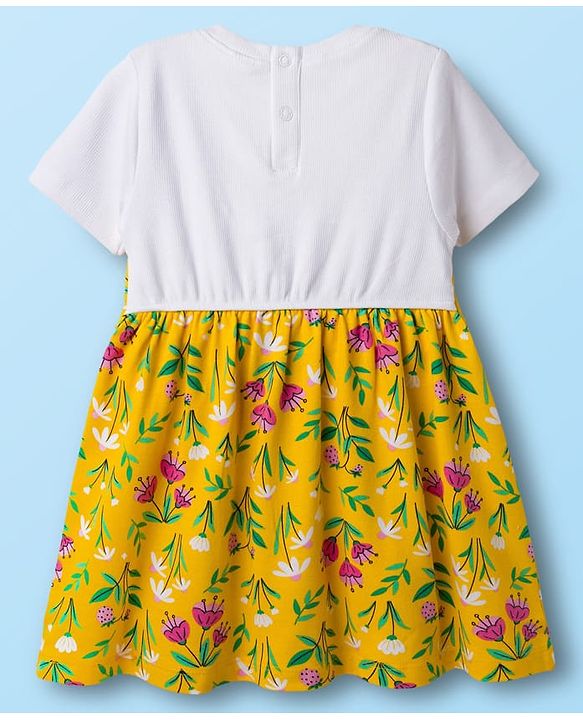 Babyhug 100% Cotton Knit Half Sleeves Floral Printed Frock - Yellow