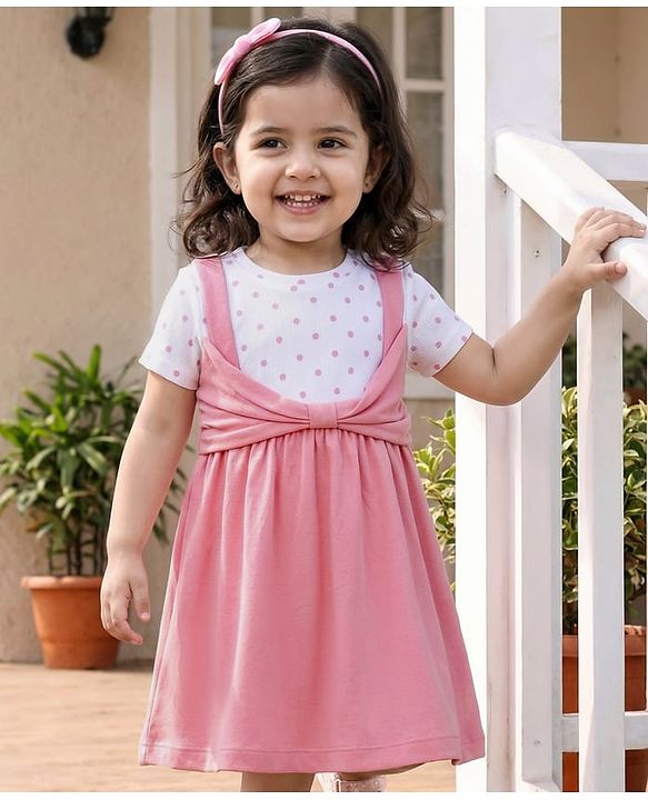 Babyhug 100% Cotton Knit Half Sleeves Polka Dots Printed Frock - Pink