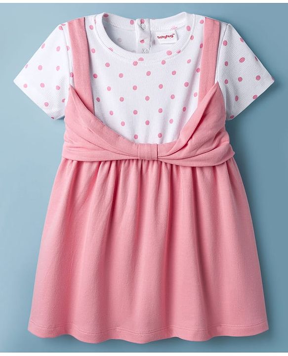 Babyhug 100% Cotton Knit Half Sleeves Polka Dots Printed Frock - Pink