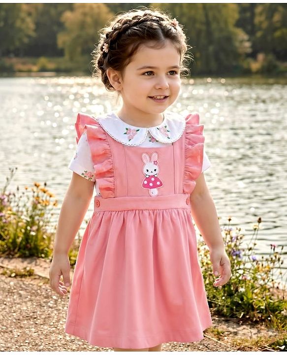Babyhug Single Jersey Knit Frock & Half Sleeves Inner Tee With Bunny Embroidery - Pink
