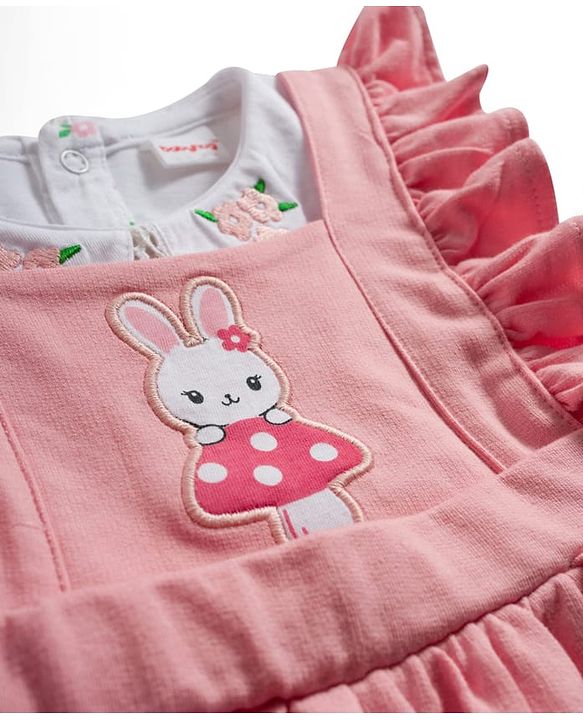 Babyhug Single Jersey Knit Frock & Half Sleeves Inner Tee With Bunny Embroidery - Pink