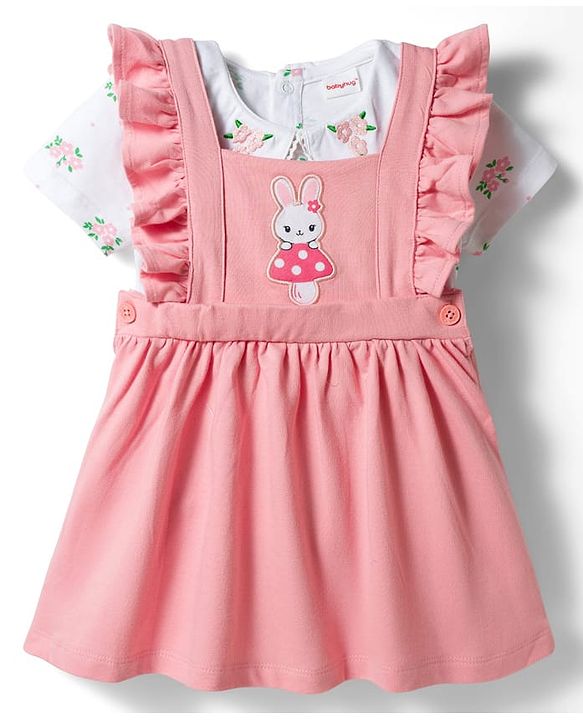 Babyhug Single Jersey Knit Frock & Half Sleeves Inner Tee With Bunny Embroidery - Pink