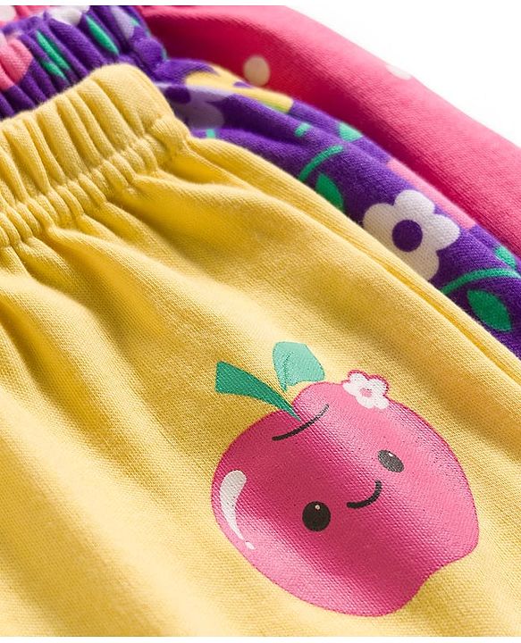 Babyhug Interlock Knit Full Length Diaper Leggings with Floral & Polka Dot Print Pack of 3 - Yellow Pink & Purple