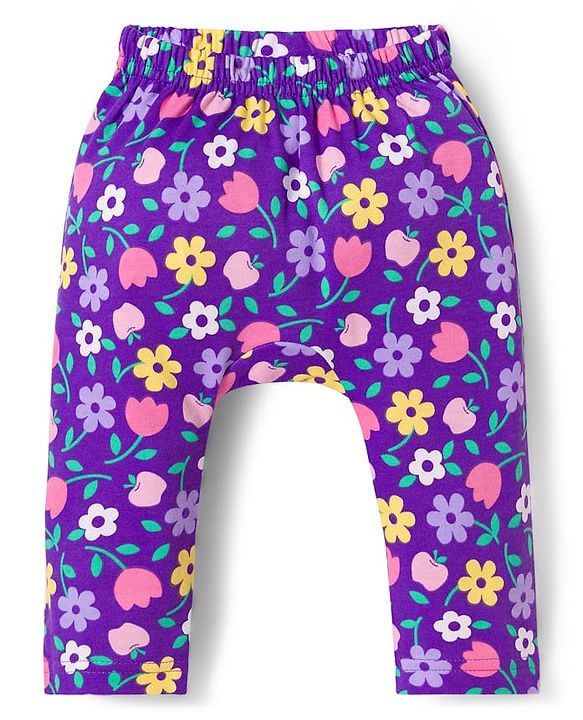 Babyhug Interlock Knit Full Length Diaper Leggings with Floral & Polka Dot Print Pack of 3 - Yellow Pink & Purple