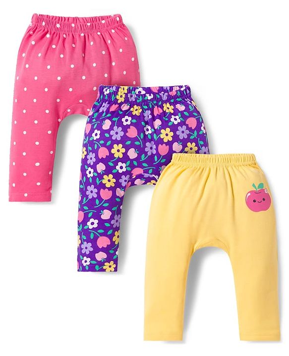 Babyhug Interlock Knit Full Length Diaper Leggings with Floral & Polka Dot Print Pack of 3 - Yellow Pink & Purple