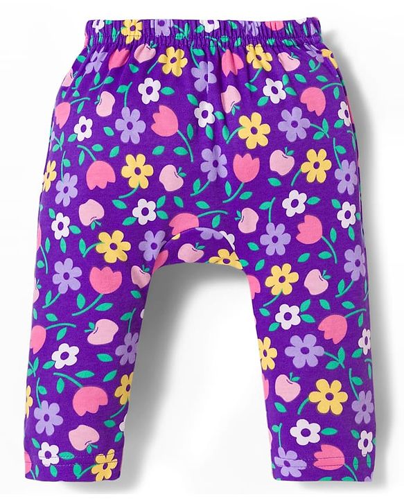 Babyhug Interlock Knit Full Length Diaper Leggings with Floral & Polka Dot Print Pack of 3 - Yellow Pink & Purple