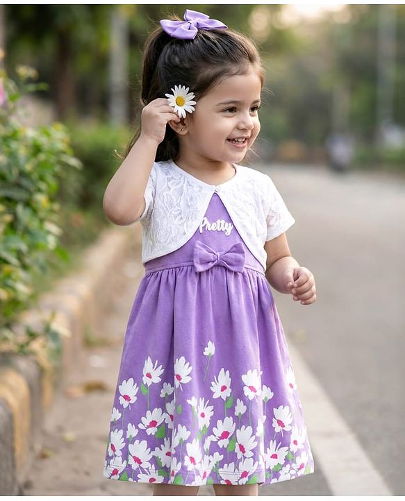 Babyhug Single Jersey Knit Frock & Half Sleeves Shrug With Floral Print - Purple & White