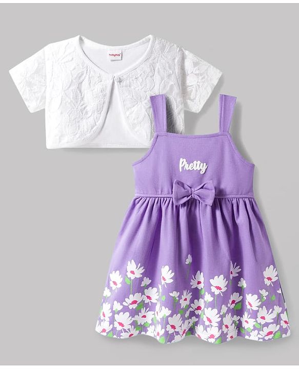 Babyhug Single Jersey Knit Frock & Half Sleeves Shrug With Floral Print - Purple & White