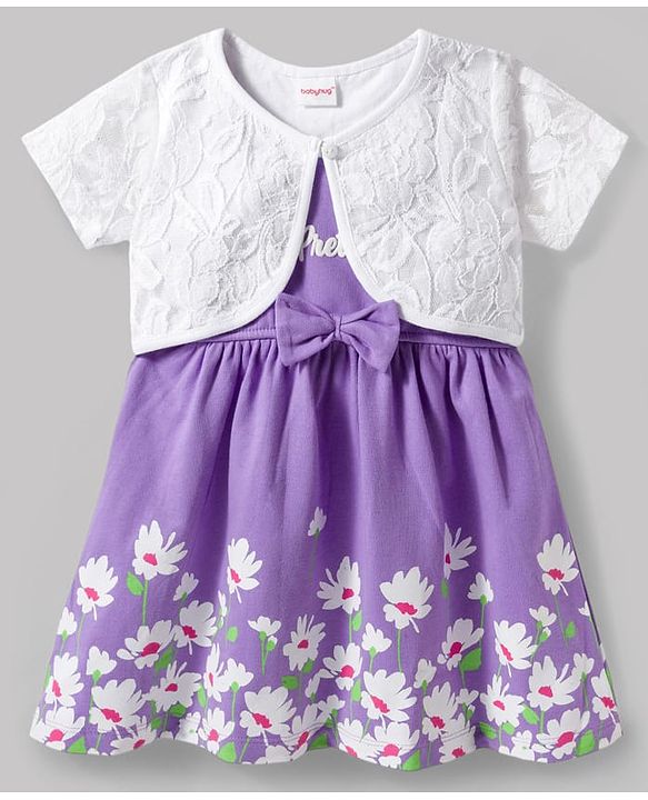 Babyhug Single Jersey Knit Frock & Half Sleeves Shrug With Floral Print - Purple & White