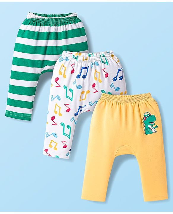 Babyhug Interlock Knit Full Length Diaper Leggings with Musical Print & Stripes Pack of 3 - Multicolor