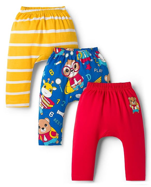 Babyhug Interlock Knit Full Length Diaper Leggings with Animal Print & Stripes Pack of 3 - Multicolor