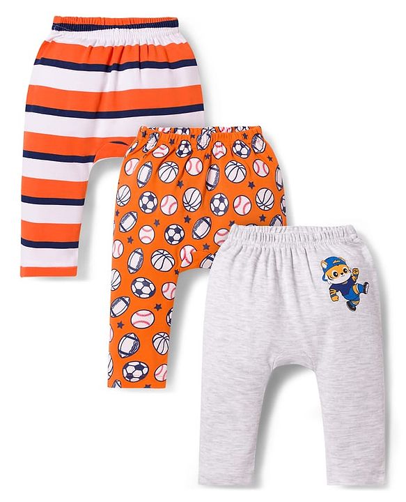 Babyhug Interlock Knit Full Length Diaper Leggings with Sport Theme Print & Stripes Pack of 3 - Multicolor