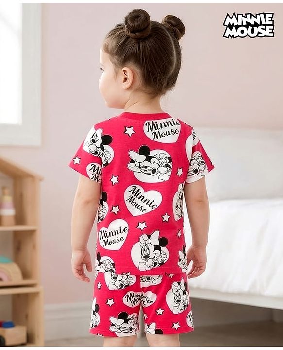 Babyhug Disney 100% Cotton Knit Half Sleeves Co-Ords T-Shirt & Shorts Night Suit With Minnie Mouse Print - Red