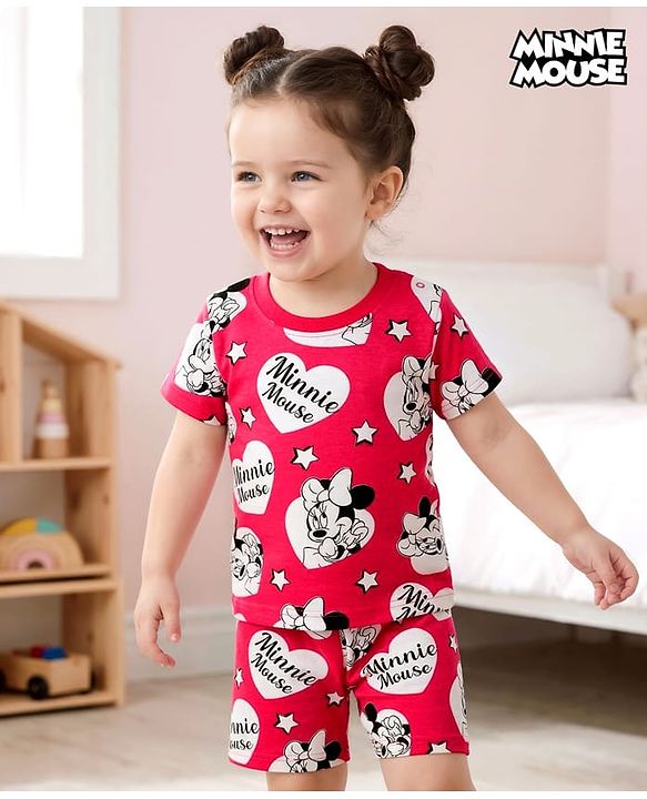 Babyhug Disney 100% Cotton Knit Half Sleeves Co-Ords T-Shirt & Shorts Night Suit With Minnie Mouse Print - Red