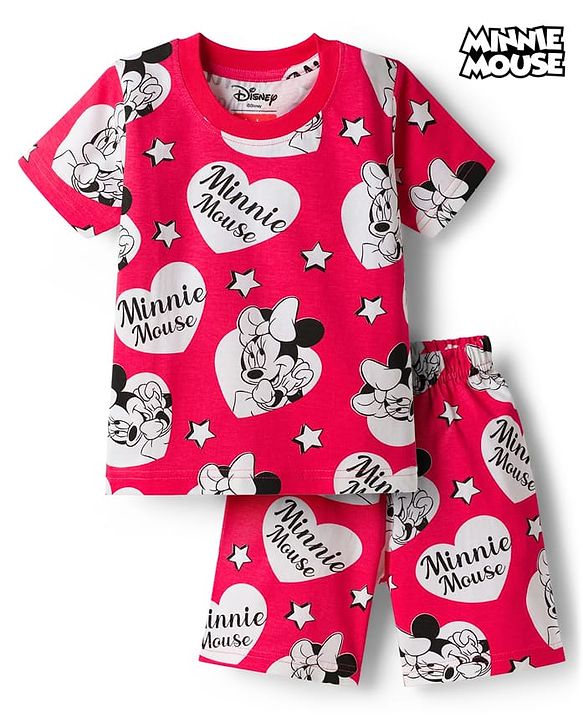 Babyhug Disney 100% Cotton Knit Half Sleeves Co-Ords T-Shirt & Shorts Night Suit With Minnie Mouse Print - Red