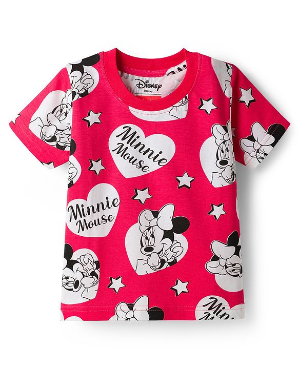 Babyhug Disney 100% Cotton Knit Half Sleeves Co-Ords T-Shirt & Shorts Night Suit With Minnie Mouse Print - Red