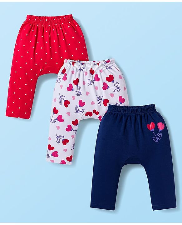 Babyhug Interlock Knit Full Length Diaper Leggings With Polka Dot Print Pack Of 3 - Red White & Navy Blue