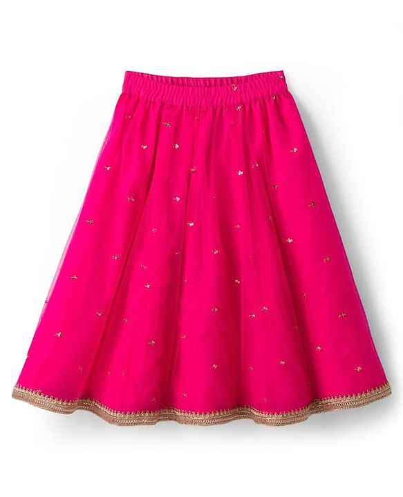 Babyhug Woven Half Sleeves Net Embroidered Lehenga Choli Set With Dupatta - Fuchsia & Yellow