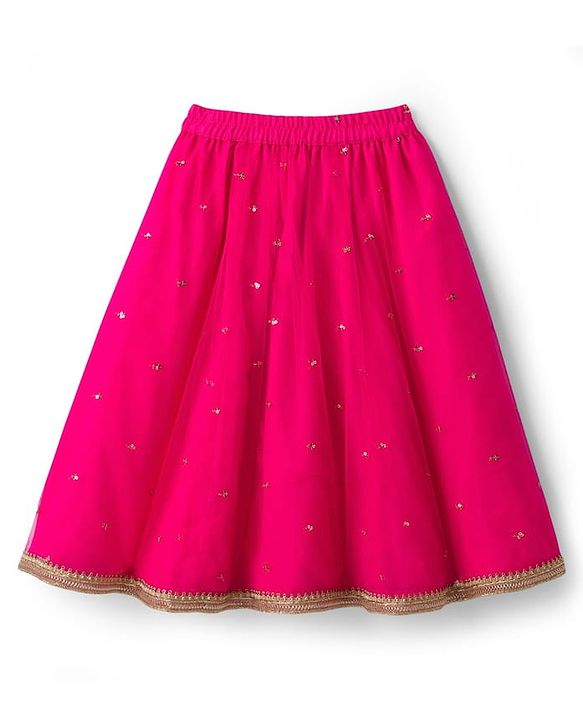 Babyhug Woven Half Sleeves Net Embroidered Lehenga Choli Set With Dupatta - Fuchsia & Yellow