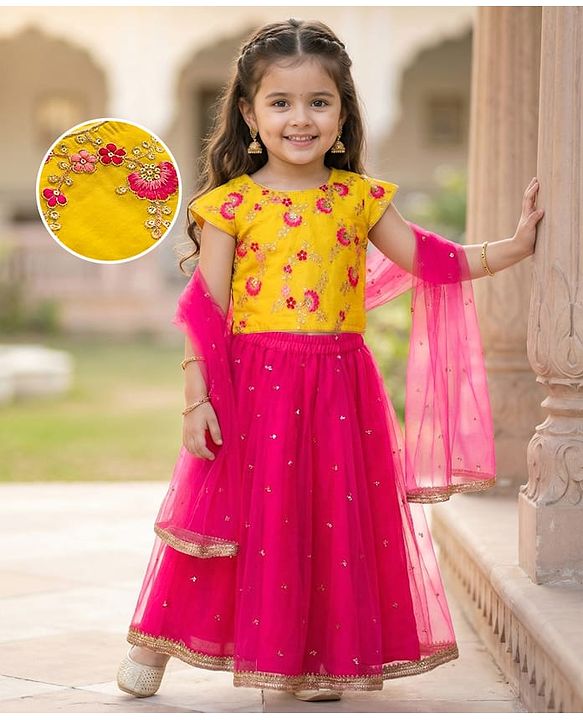 Babyhug Woven Half Sleeves Net Embroidered Lehenga Choli Set With Dupatta - Fuchsia & Yellow