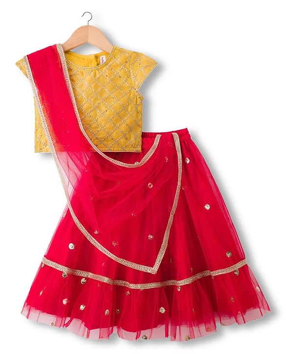 Babyhug Woven Half Sleeves Choli Lehenga Set with Dupatta & Sequin Detailing - Red & Yellow