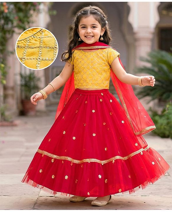 Babyhug Woven Half Sleeves Choli Lehenga Set with Dupatta & Sequin Detailing - Red & Yellow