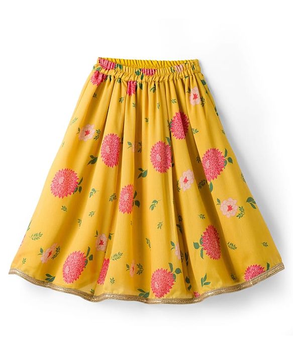 Babyhug Woven Sleeveless Chanderi Printed Lehenga Choli Set With Floral Embroidery & Dupatta - Yellow