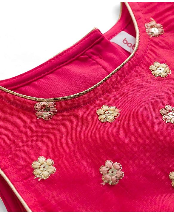 Babyhug Woven Sleeveless Chanderi Printed Lehenga Choli Set With Floral Embroidery & Dupatta - Yellow