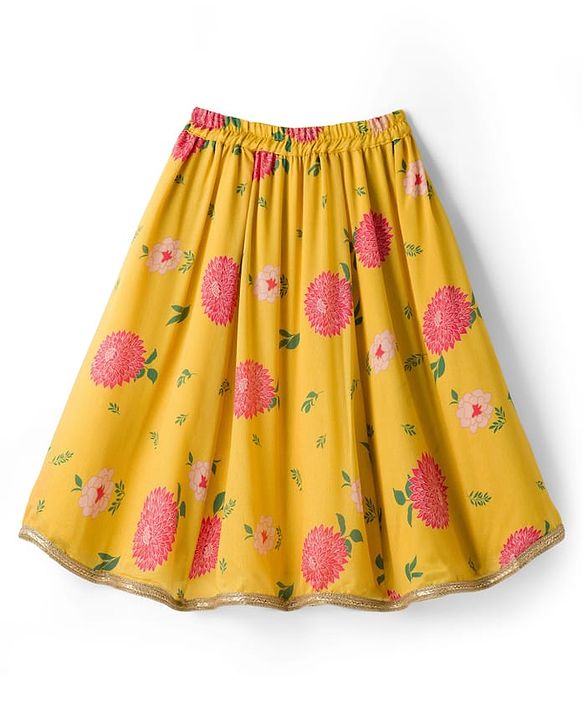 Babyhug Woven Sleeveless Chanderi Printed Lehenga Choli Set With Floral Embroidery & Dupatta - Yellow