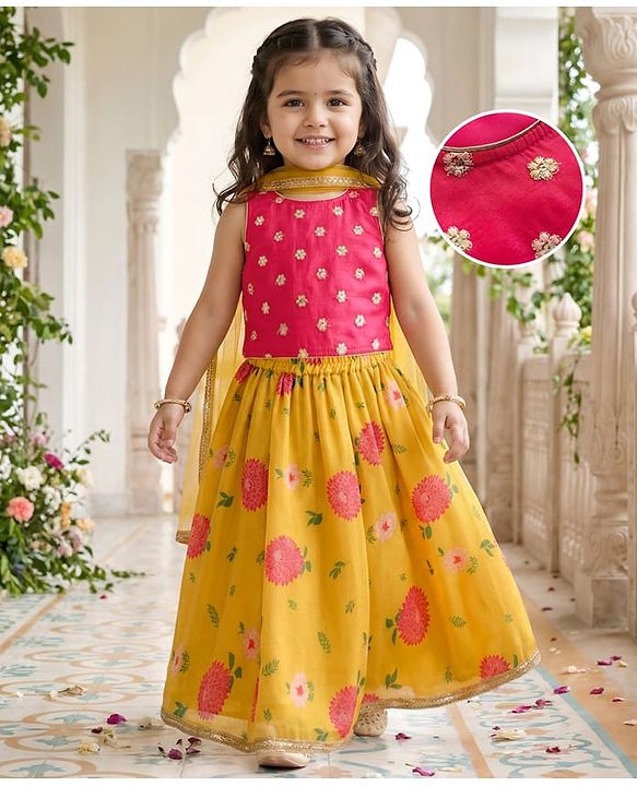 Babyhug Woven Sleeveless Chanderi Printed Lehenga Choli Set With Floral Embroidery & Dupatta - Yellow