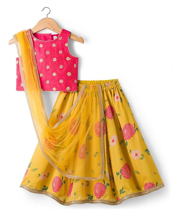 Babyhug Woven Sleeveless Chanderi Printed Lehenga Choli Set With Floral Embroidery & Dupatta - Yellow
