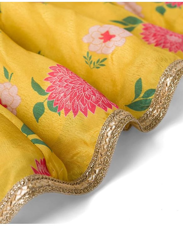 Babyhug Woven Sleeveless Chanderi Printed Lehenga Choli Set With Floral Embroidery & Dupatta - Yellow