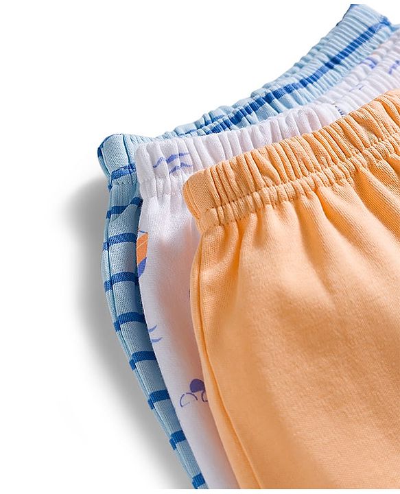Babyhug Cotton Knit Full Length Diaper Pants With Nautical Theme Print Pack Of 3 - Blue White & Orange