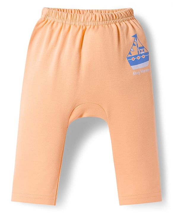 Babyhug Cotton Knit Full Length Diaper Pants With Nautical Theme Print Pack Of 3 - Blue White & Orange