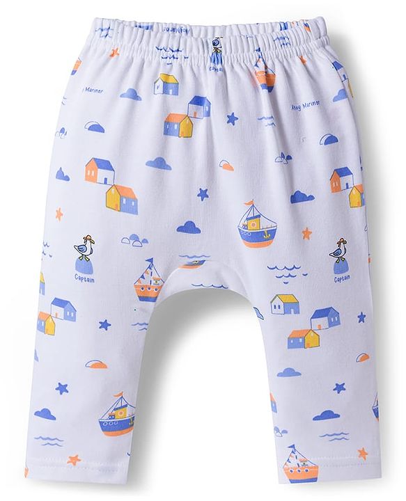 Babyhug Cotton Knit Full Length Diaper Pants With Nautical Theme Print Pack Of 3 - Blue White & Orange