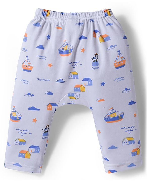 Babyhug Cotton Knit Full Length Diaper Pants With Nautical Theme Print Pack Of 3 - Blue White & Orange