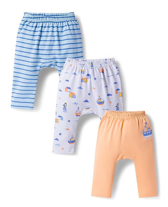Babyhug Cotton Knit Full Length Diaper Pants With Nautical Theme Print Pack Of 3 - Blue White & Orange