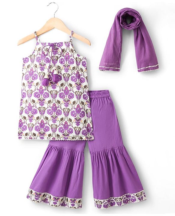 Babyhug Cotton Woven Sleeveless Cambric Printed Kurta & Gharara Set with Dupatta - Purple