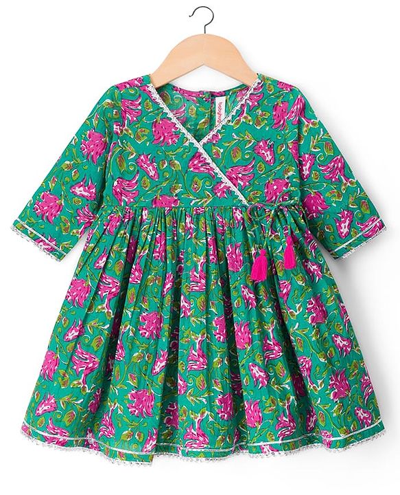 Babyhug 100% Cotton Cambric Woven Three Forth Sleeves Floral Printed Kurta & Pant Set With Dupatta - Green