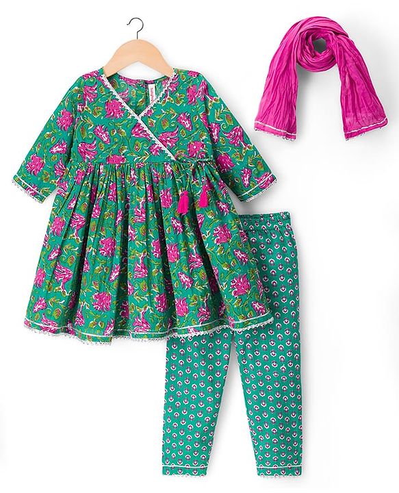 Babyhug 100% Cotton Cambric Woven Three Forth Sleeves Floral Printed Kurta & Pant Set With Dupatta - Green