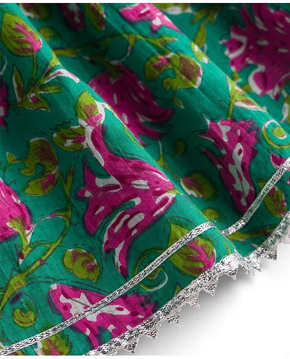 Babyhug 100% Cotton Cambric Woven Three Forth Sleeves Floral Printed Kurta & Pant Set With Dupatta - Green