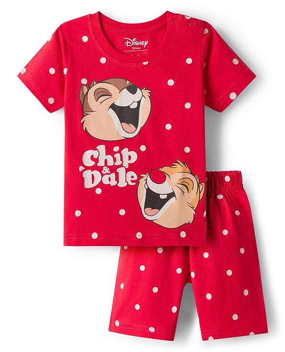 Babyhug Disney Single Jersey Knit Half Sleeves Shorts Night Suit With Chip N Dale Graphics - Red