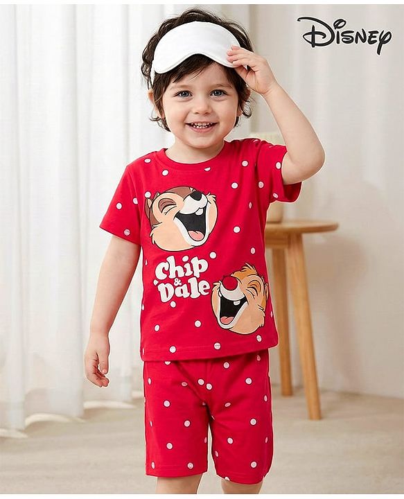 Babyhug Disney Single Jersey Knit Half Sleeves Shorts Night Suit With Chip N Dale Graphics - Red