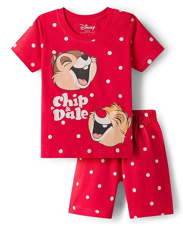 Babyhug Disney Single Jersey Knit Half Sleeves Shorts Night Suit With Chip N Dale Graphics - Red