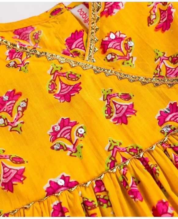 Babyhug Cambric Woven Sleeveless Floral Printed Ethnic Dress  - Yellow