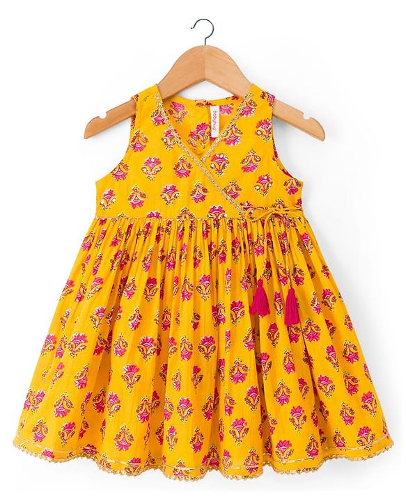 Babyhug Cambric Woven Sleeveless Floral Printed Ethnic Dress  - Yellow