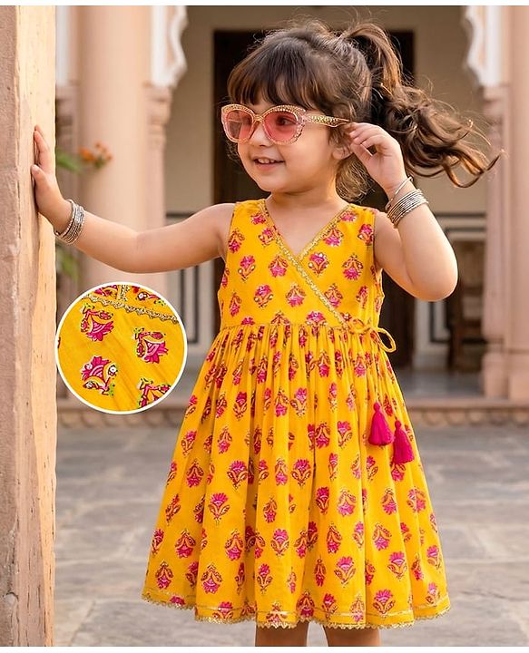 Babyhug Cambric Woven Sleeveless Floral Printed Ethnic Dress  - Yellow