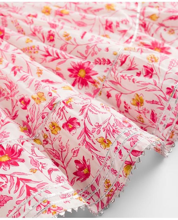 Babyhug Cambric Woven Sleeveless Floral Printed Ethnic Dress with Lace Detailing - Pink